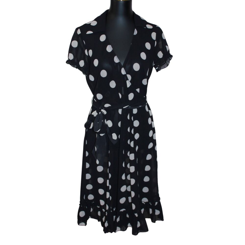Sheer Black White Polka Dot Wrap Ruffle Midi Dress Sz 8
